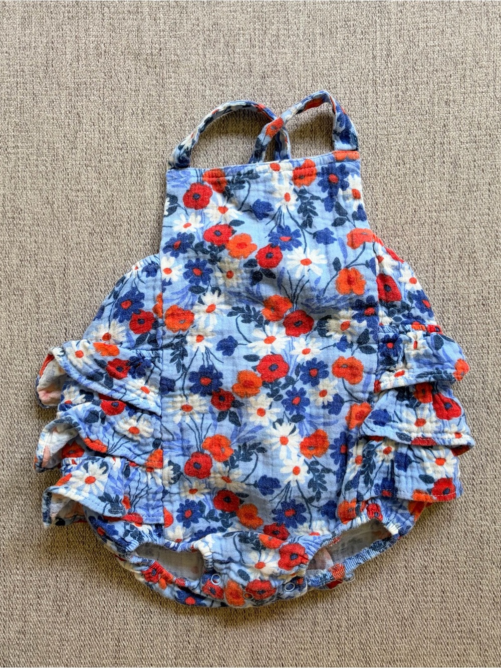 Angel Dear Light Blue Floral Ruffle Romper with Red & Navy Accents